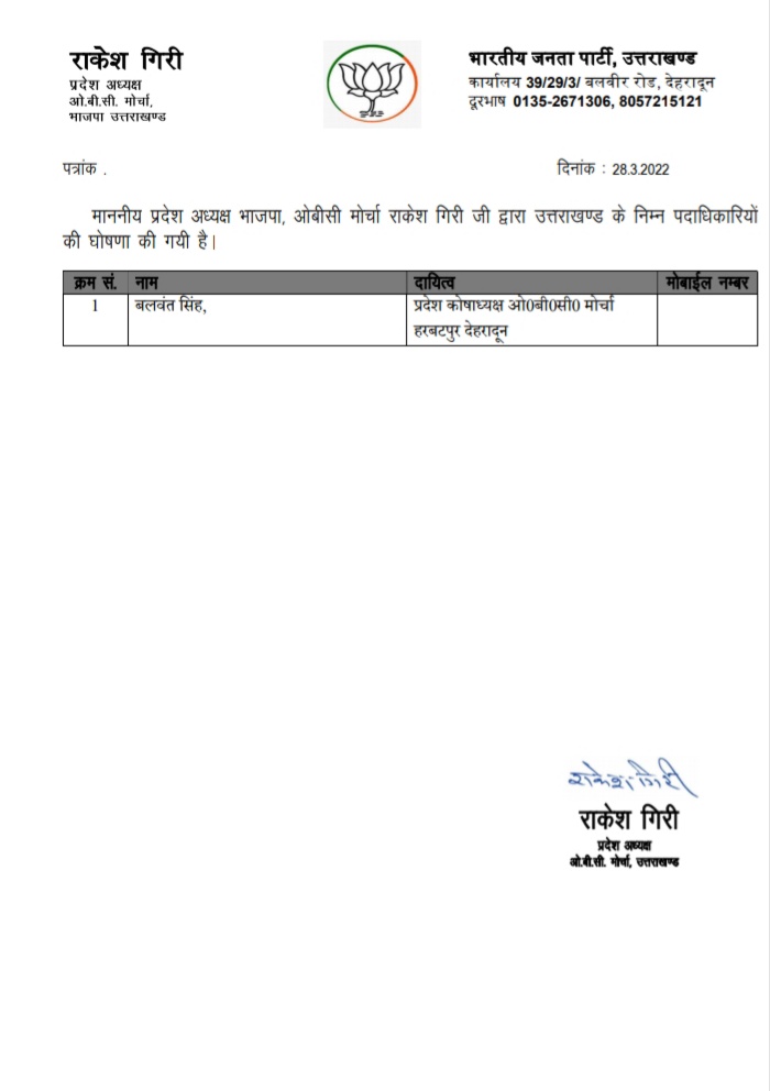 Removed: अमित कुमार सैनी को भाजपा ओबीसी मोर्चा के प्रदेश कोषाध्यक्ष पद से हटाया